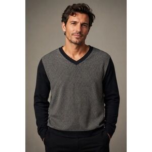 Banana Republic Mens V-Neck Sweater Houndstooth Black Gray Silk Wool Blend L